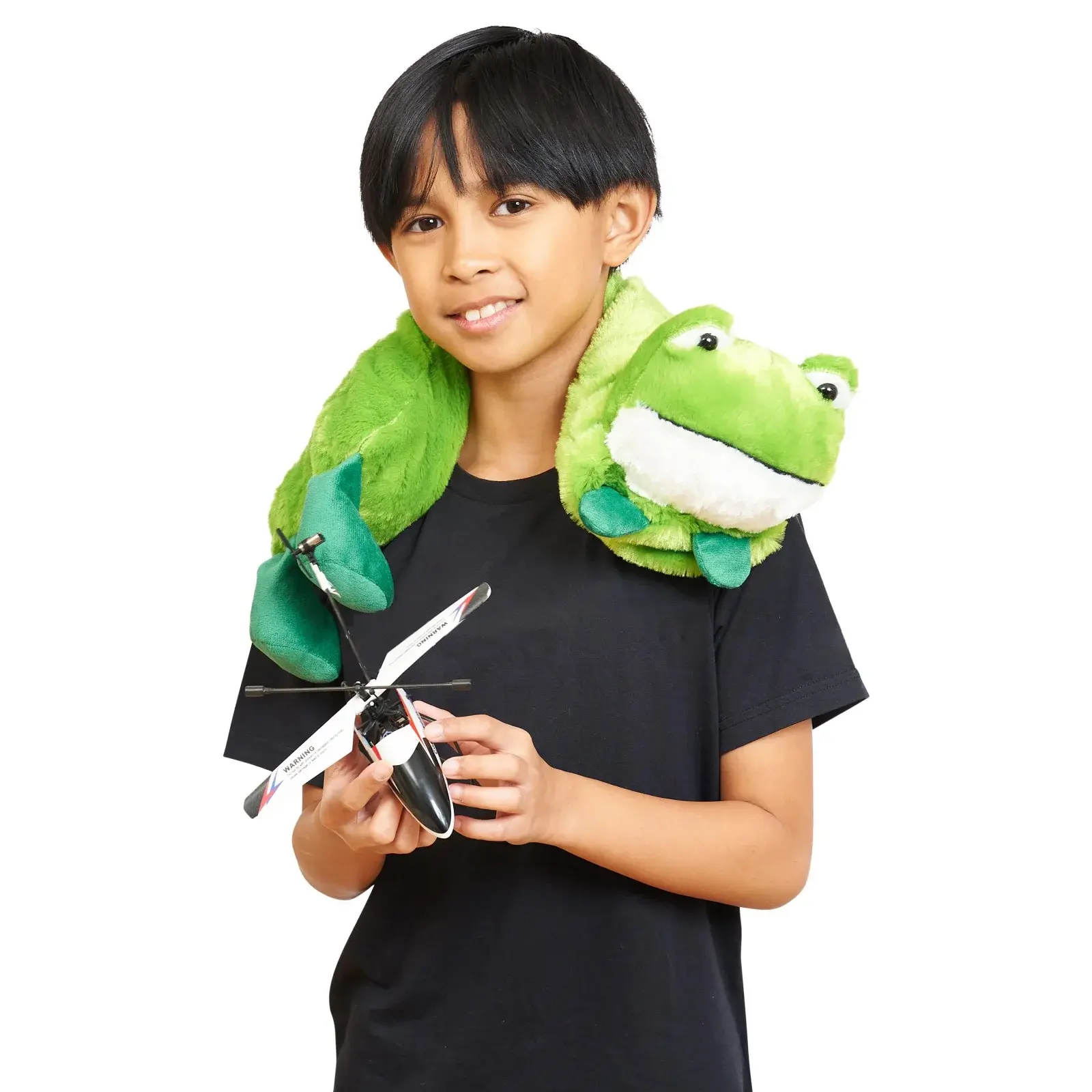 Weighted frog toy shown on boy's neck